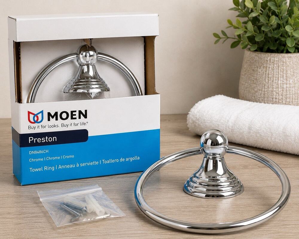 Moen Preston DN8486CH Chrome Bathroom Towel Ring Wall Mount Open Box New